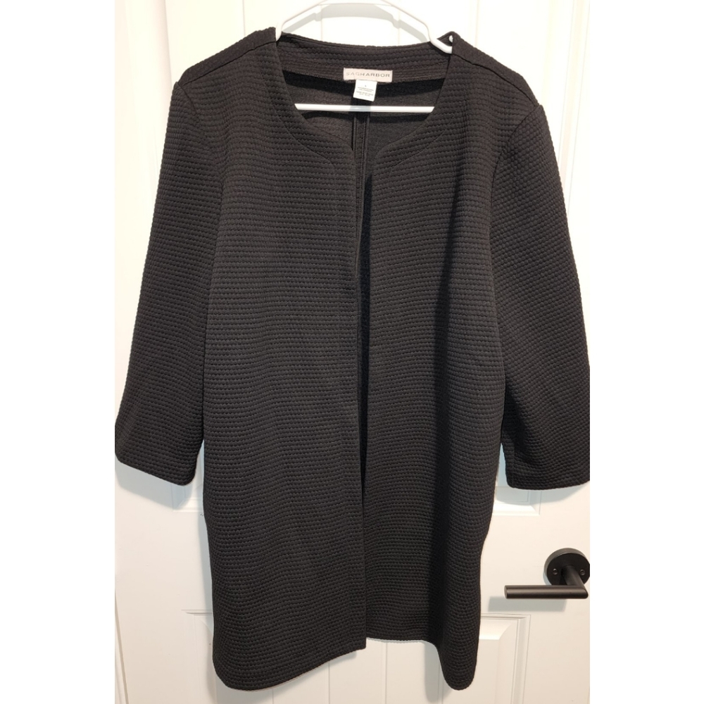 Sag Harbor black long open jacket cardigan blazer quilted large textured pockets